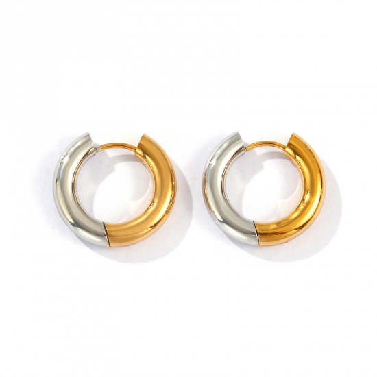 Bild von 1 Pair Eco-friendly PVD Vacuum Plating Minimalist Exquisite 18K Real Gold Plated & Silver Tone 304 Stainless Steel Two Tone Hoop Earrings For Women Gift 20mm x 4mm, Post/ Wire Size: 1mm(18 gauge)