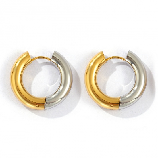 Bild von 1 Pair Eco-friendly PVD Vacuum Plating Minimalist Exquisite 18K Real Gold Plated & Silver Tone 304 Stainless Steel Two Tone Hoop Earrings For Women Gift 24mm x 5mm, Post/ Wire Size: 1mm(18 gauge)