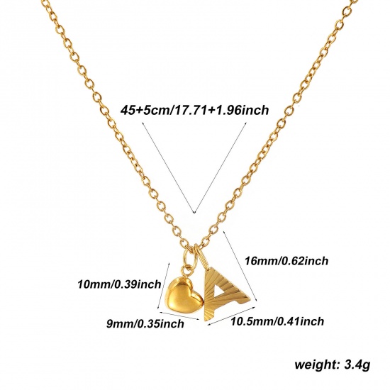 Bild von 18K Real Gold Plated Link Cable Chain Heart Pendant Charm Necklace, 304 Stainless Steel 45cm(17.7") + 5cm(2"), For Women, Message " A " Valentine's Day Stylish Gift, Eco-friendly PVD Vacuum Plating, 1 Piece