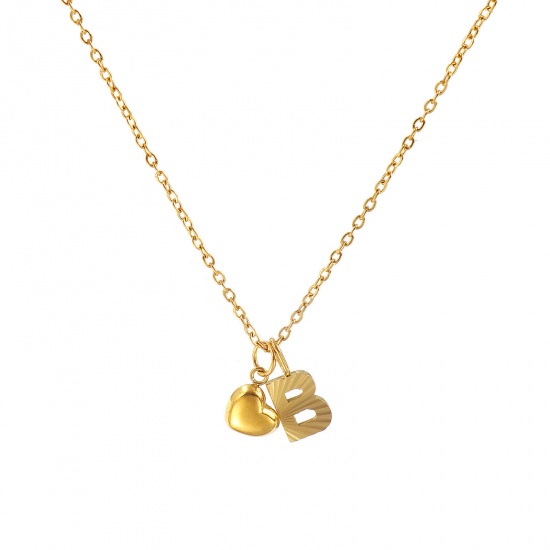 Bild von 18K Real Gold Plated Link Cable Chain Heart Pendant Charm Necklace, 304 Stainless Steel 45cm(17.7") + 5cm(2"), For Women, Message " B " Valentine's Day Stylish Gift, Eco-friendly PVD Vacuum Plating, 1 Piece
