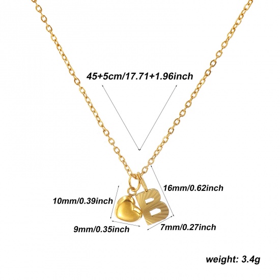 Bild von 18K Real Gold Plated Link Cable Chain Heart Pendant Charm Necklace, 304 Stainless Steel 45cm(17.7") + 5cm(2"), For Women, Message " B " Valentine's Day Stylish Gift, Eco-friendly PVD Vacuum Plating, 1 Piece