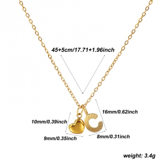 Bild von 18K Real Gold Plated Link Cable Chain Heart Pendant Charm Necklace, 304 Stainless Steel 45cm(17.7") + 5cm(2"), For Women, Message " C " Valentine's Day Stylish Gift, Eco-friendly PVD Vacuum Plating, 1 Piece
