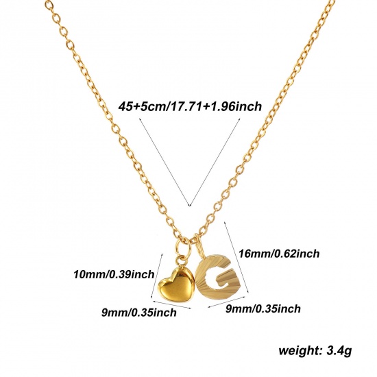 Bild von 18K Real Gold Plated Link Cable Chain Heart Pendant Charm Necklace, 304 Stainless Steel 45cm(17.7") + 5cm(2"), For Women, Message " G " Valentine's Day Stylish Gift, Eco-friendly PVD Vacuum Plating, 1 Piece