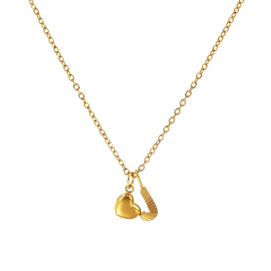 Bild von 18K Real Gold Plated Link Cable Chain Heart Pendant Charm Necklace, 304 Stainless Steel 45cm(17.7") + 5cm(2"), For Women, Message " J " Valentine's Day Stylish Gift, Eco-friendly PVD Vacuum Plating, 1 Piece