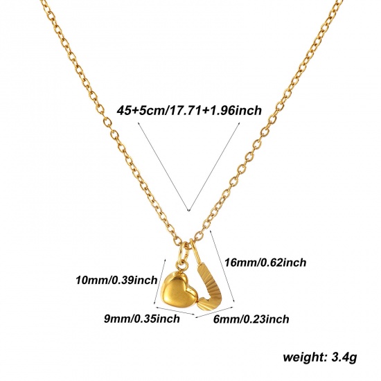 Bild von 18K Real Gold Plated Link Cable Chain Heart Pendant Charm Necklace, 304 Stainless Steel 45cm(17.7") + 5cm(2"), For Women, Message " J " Valentine's Day Stylish Gift, Eco-friendly PVD Vacuum Plating, 1 Piece