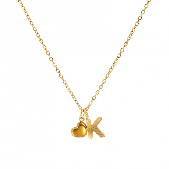 Bild von 18K Real Gold Plated Link Cable Chain Heart Pendant Charm Necklace, 304 Stainless Steel 45cm(17.7") + 5cm(2"), For Women, Message " K " Valentine's Day Stylish Gift, Eco-friendly PVD Vacuum Plating, 1 Piece