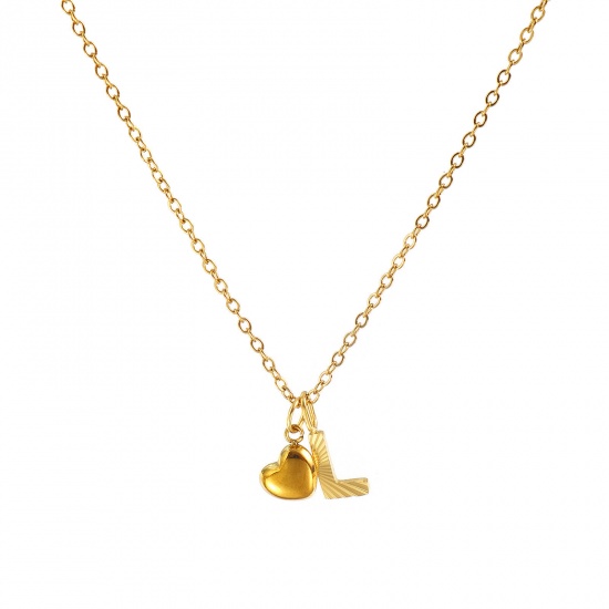 Bild von 18K Real Gold Plated Link Cable Chain Heart Pendant Charm Necklace, 304 Stainless Steel 45cm(17.7") + 5cm(2"), For Women, Message " L " Valentine's Day Stylish Gift, Eco-friendly PVD Vacuum Plating, 1 Piece