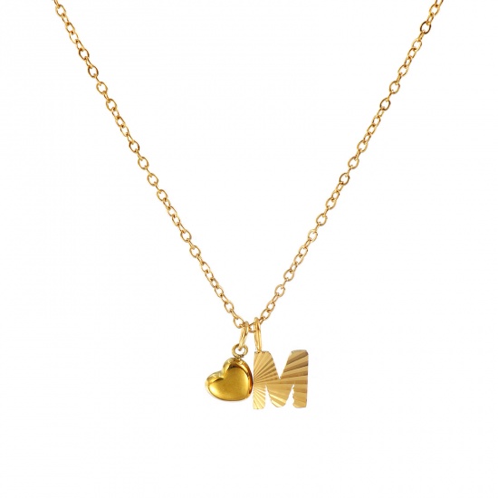 Bild von 18K Real Gold Plated Link Cable Chain Heart Pendant Charm Necklace, 304 Stainless Steel 45cm(17.7") + 5cm(2"), For Women, Message " M " Valentine's Day Stylish Gift, Eco-friendly PVD Vacuum Plating, 1 Piece