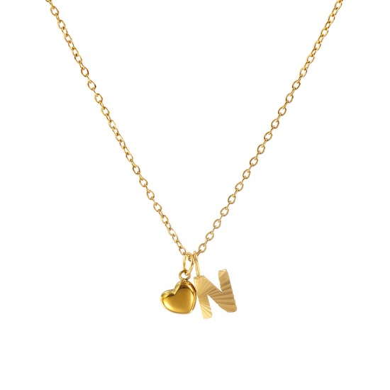 Bild von 18K Real Gold Plated Link Cable Chain Heart Pendant Charm Necklace, 304 Stainless Steel 45cm(17.7") + 5cm(2"), For Women, Message " N " Valentine's Day Stylish Gift, Eco-friendly PVD Vacuum Plating, 1 Piece