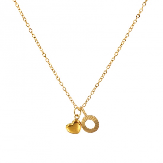 Bild von 18K Real Gold Plated Link Cable Chain Heart Pendant Charm Necklace, 304 Stainless Steel 45cm(17.7") + 5cm(2"), For Women, Message " O " Valentine's Day Stylish Gift, Eco-friendly PVD Vacuum Plating, 1 Piece