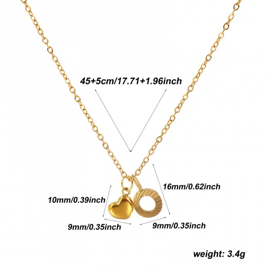 Bild von 18K Real Gold Plated Link Cable Chain Heart Pendant Charm Necklace, 304 Stainless Steel 45cm(17.7") + 5cm(2"), For Women, Message " O " Valentine's Day Stylish Gift, Eco-friendly PVD Vacuum Plating, 1 Piece