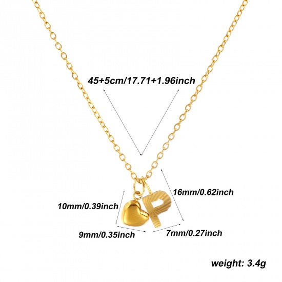 Bild von 18K Real Gold Plated Link Cable Chain Heart Pendant Charm Necklace, 304 Stainless Steel 45cm(17.7") + 5cm(2"), For Women, Message " P " Valentine's Day Stylish Gift, Eco-friendly PVD Vacuum Plating, 1 Piece