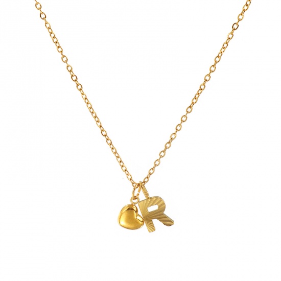 Bild von 18K Real Gold Plated Link Cable Chain Heart Pendant Charm Necklace, 304 Stainless Steel 45cm(17.7") + 5cm(2"), For Women, Message " R " Valentine's Day Stylish Gift, Eco-friendly PVD Vacuum Plating, 1 Piece