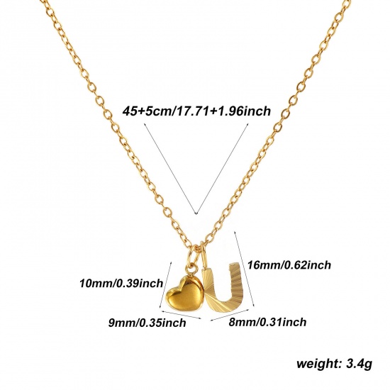 Bild von 18K Real Gold Plated Link Cable Chain Heart Pendant Charm Necklace, 304 Stainless Steel 45cm(17.7") + 5cm(2"), For Women, Message " U " Valentine's Day Stylish Gift, Eco-friendly PVD Vacuum Plating, 1 Piece