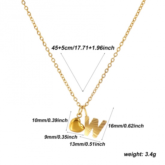 Bild von 18K Real Gold Plated Link Cable Chain Heart Pendant Charm Necklace, 304 Stainless Steel 45cm(17.7") + 5cm(2"), For Women, Message " W " Valentine's Day Stylish Gift, Eco-friendly PVD Vacuum Plating, 1 Piece