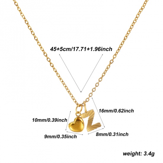 Bild von 18K Real Gold Plated Link Cable Chain Heart Pendant Charm Necklace, 304 Stainless Steel 45cm(17.7") + 5cm(2"), For Women, Message " Z " Valentine's Day Stylish Gift, Eco-friendly PVD Vacuum Plating, 1 Piece