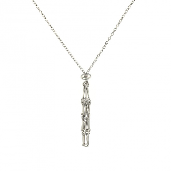 Image de Collier Cage Porte-pierre Vide Argent Mat en 304 Acier Inoxydable Pour Femmes, Chaîne Maille Forçat 58cm + 5cm, Réglable, Exquis À la Mode Cadeau, Respectueux de la Nature, 1 Pièce