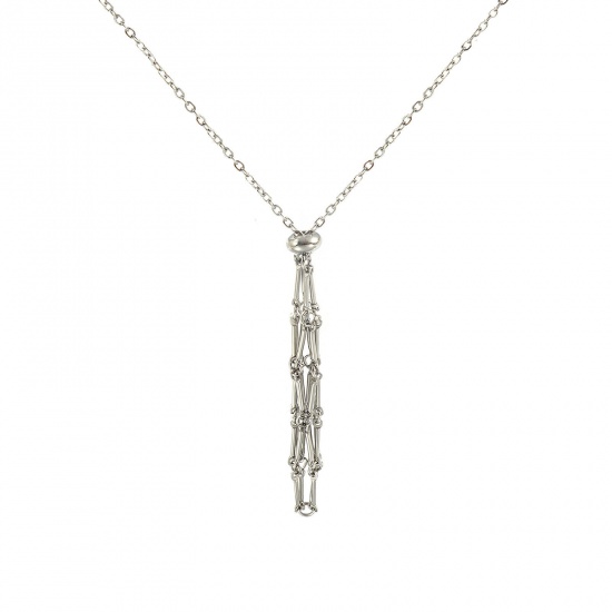 Image de Collier Cage Porte-pierre Vide Argent Mat en 304 Acier Inoxydable Pour Femmes, Chaîne Maille Forçat 73cm + 5cm, Réglable, Exquis À la Mode Cadeau, Respectueux de la Nature, 1 Pièce