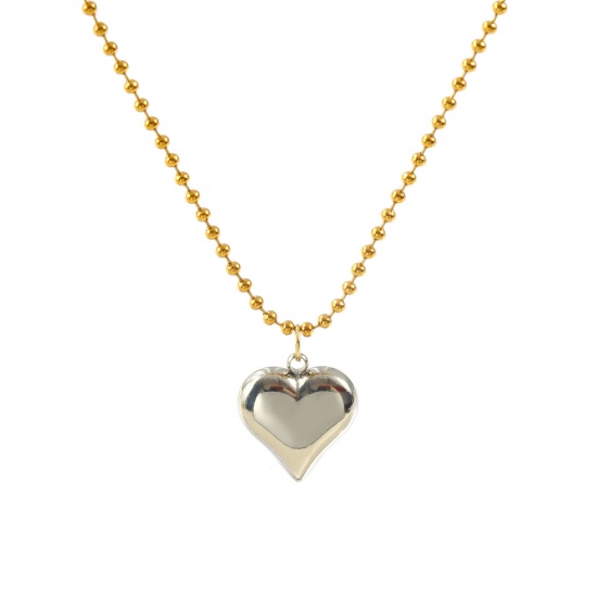 Picture of 18K Real Gold Plated Ball Chain Heart Pendant Charm Necklace, 304 Stainless Steel 47cm(18.5") + 5cm(2"), For Women, Silver Tone Two Tone Valentine's Day Dainty Gift, Eco-friendly PVD Vacuum Plating, 1 Piece