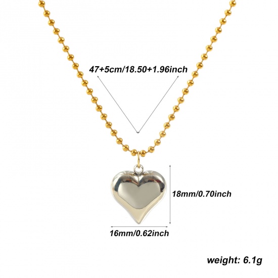 Picture of 18K Real Gold Plated Ball Chain Heart Pendant Charm Necklace, 304 Stainless Steel 47cm(18.5") + 5cm(2"), For Women, Silver Tone Two Tone Valentine's Day Dainty Gift, Eco-friendly PVD Vacuum Plating, 1 Piece