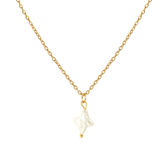 Image de 18K Real Gold Plated Link Cable Chain Star Pendant Charm Necklace, 304 Stainless Steel & Natural Pearl 45cm(17.7") + 5cm(2"), For Women, White Baroque Dainty Gift, Eco-friendly PVD Vacuum Plating, 1 Piece