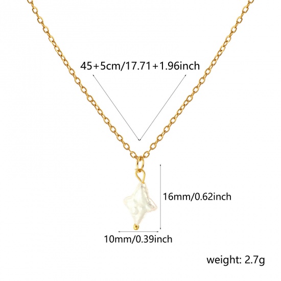Image de 18K Real Gold Plated Link Cable Chain Star Pendant Charm Necklace, 304 Stainless Steel & Natural Pearl 45cm(17.7") + 5cm(2"), For Women, White Baroque Dainty Gift, Eco-friendly PVD Vacuum Plating, 1 Piece