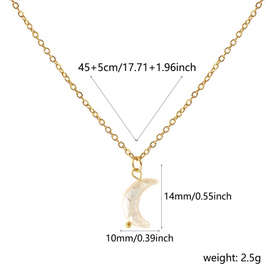 Image de 18K Real Gold Plated Link Cable Chain Half Moon Pendant Charm Necklace, 304 Stainless Steel & Natural Pearl 45cm(17.7") + 5cm(2"), For Women, White Baroque Dainty Gift, Eco-friendly PVD Vacuum Plating, 1 Piece