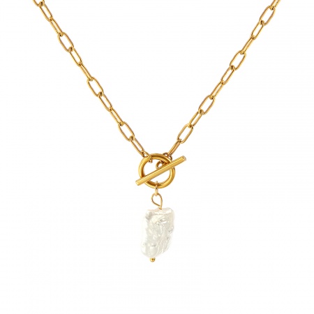 18K настоящее золото с покрытием Цепочка зажимов Прямоугольник Ожерелье с подвеской, Нержавеющая сталь 304 и натуральный жемчуг 45см, Для женщин, Белый Барокко Элегантный подарок, Экологичное вакуумное PVD-покрытие, 1 ШТ