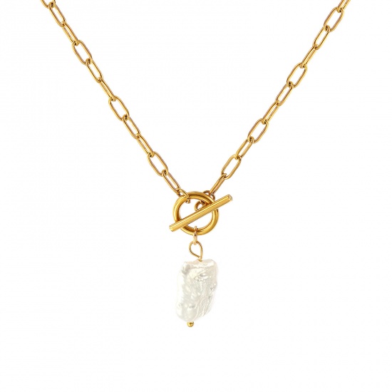 Picture of 18K Real Gold Plated Paperclip Link Chain Rectangle Pendant Charm Necklace, 304 Stainless Steel & Natural Pearl 45cm(17.7"), For Women, White Baroque Dainty Gift, Eco-friendly PVD Vacuum Plating, 1 Piece