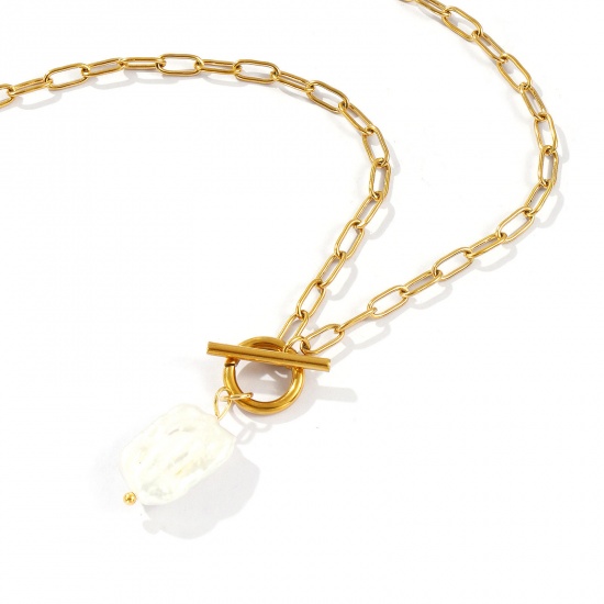 Picture of 18K Real Gold Plated Paperclip Link Chain Rectangle Pendant Charm Necklace, 304 Stainless Steel & Natural Pearl 45cm(17.7"), For Women, White Baroque Dainty Gift, Eco-friendly PVD Vacuum Plating, 1 Piece