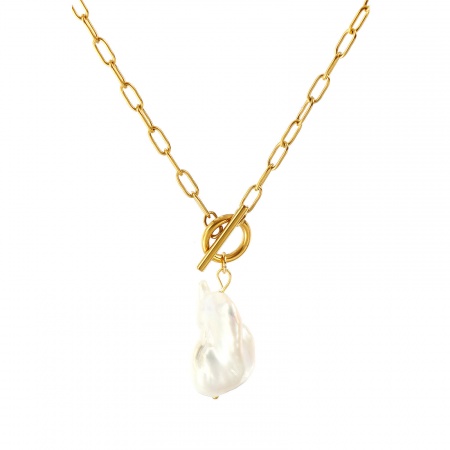 18K Real Gold Plated Paperclip Link Chain Irregular Pendant Charm Necklace, 304 Stainless Steel & Natural Pearl 45cm(17.7"), For Women, White Baroque Dainty Gift, Eco-friendly PVD Vacuum Plating, 1 Piece