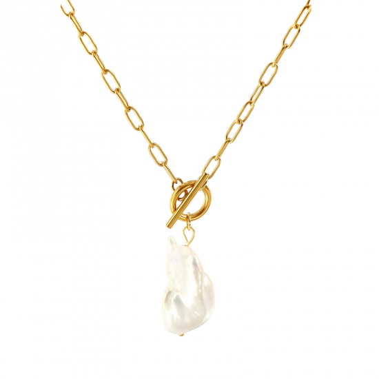 Image de 18K Real Gold Plated Paperclip Link Chain Irregular Pendant Charm Necklace, 304 Stainless Steel & Natural Pearl 45cm(17.7"), For Women, White Baroque Dainty Gift, Eco-friendly PVD Vacuum Plating, 1 Piece