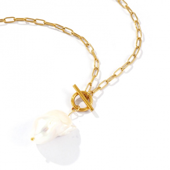 Image de 18K Real Gold Plated Paperclip Link Chain Irregular Pendant Charm Necklace, 304 Stainless Steel & Natural Pearl 45cm(17.7"), For Women, White Baroque Dainty Gift, Eco-friendly PVD Vacuum Plating, 1 Piece