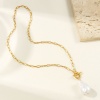 Изображение 18K Real Gold Plated Paperclip Link Chain Irregular Pendant Charm Necklace, 304 Stainless Steel & Natural Pearl 45cm(17.7"), For Women, White Baroque Dainty Gift, Eco-friendly PVD Vacuum Plating, 1 Piece