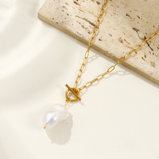 Image de 18K Real Gold Plated Paperclip Link Chain Irregular Pendant Charm Necklace, 304 Stainless Steel & Natural Pearl 45cm(17.7"), For Women, White Baroque Dainty Gift, Eco-friendly PVD Vacuum Plating, 1 Piece