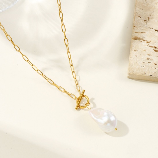 Image de 18K Real Gold Plated Paperclip Link Chain Irregular Pendant Charm Necklace, 304 Stainless Steel & Natural Pearl 45cm(17.7"), For Women, White Baroque Dainty Gift, Eco-friendly PVD Vacuum Plating, 1 Piece