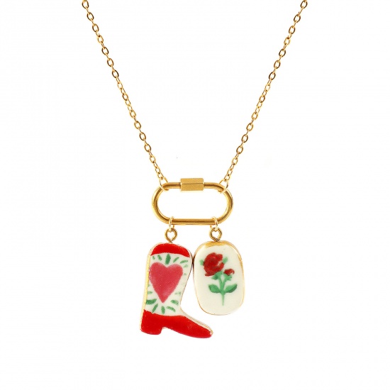 Picture of Gold Plated Link Cable Chain Boots Pendant Charm Necklace, 304 Stainless Steel & Ceramic 47cm(18.5") + 5cm(2"), For Women, Ex Voto Heart Multicolor West Cowboy Sweet & Cute Gift, Vacuum Plating, 1 Piece