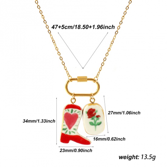 Picture of Gold Plated Link Cable Chain Boots Pendant Charm Necklace, 304 Stainless Steel & Ceramic 47cm(18.5") + 5cm(2"), For Women, Ex Voto Heart Multicolor West Cowboy Sweet & Cute Gift, Vacuum Plating, 1 Piece