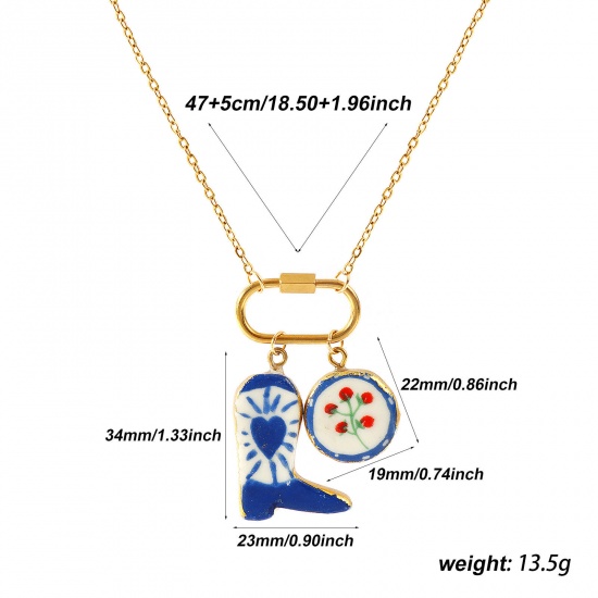 Picture of Gold Plated Link Cable Chain Boots Pendant Charm Necklace, 304 Stainless Steel & Ceramic 47cm(18.5") + 5cm(2"), For Women, Ex Voto Heart Multicolor West Cowboy Sweet & Cute Gift, Vacuum Plating, 1 Piece