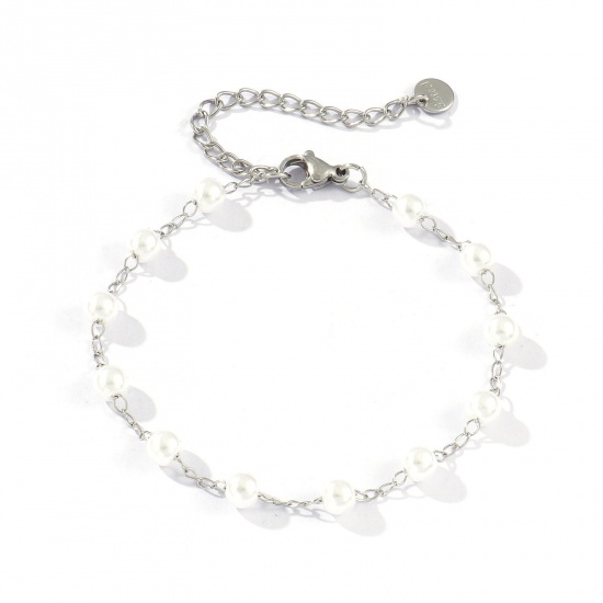 Picture of 1 Piece Eco-friendly Dainty Exquisite Silver Tone White 304 Stainless Steel & Acrylic Beaded Chain Bracelets For Women Gift 18cm(7.1") long