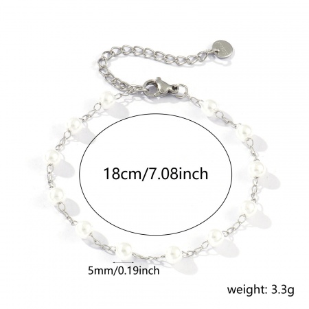 Picture of Wholesale White 304 Stainless Steel & Acrylic Beaded Chain Bracelets, Silver Tone Eco-friendly, Women's Exquisite Dainty Gift Jewelry Supply, 18cm(7.1") long, 1 Piece