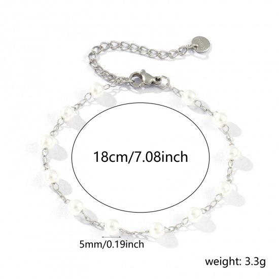 Picture of 1 Piece Eco-friendly Dainty Exquisite Silver Tone White 304 Stainless Steel & Acrylic Beaded Chain Bracelets For Women Gift 18cm(7.1") long