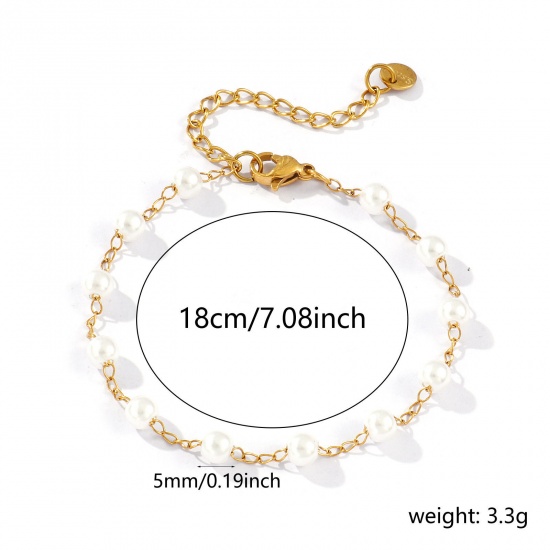 Picture of 1 Piece Eco-friendly PVD Vacuum Plating Dainty Exquisite 18K Real Gold Plated White 304 Stainless Steel & Acrylic Beaded Chain Bracelets For Women Gift 18cm(7.1") long