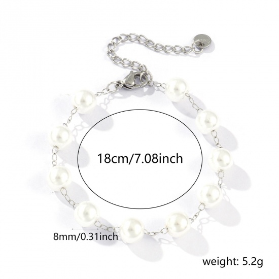 Bild von 1 Strang Umweltfreundlich Elegant Exquisit Silberfarbe Weiß 304 Edelstahl & Acryl Perlenkette Armband Für Frauen Geschenk 18cm lang