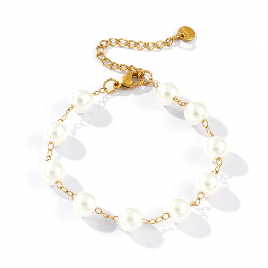 Bild von 1 Strang Umweltfreundliche PVD-Vakuumbeschichtung Elegant Exquisit 18K Echtgold plattiert Weiß 304 Edelstahl & Acryl Perlenkette Armband Für Frauen Geschenk 18cm lang
