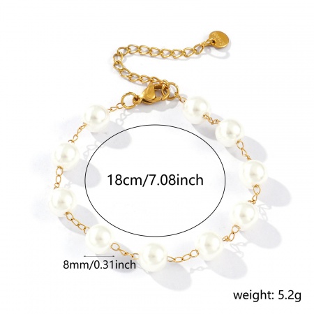 Bild von Großhandel Weiß 304 Edelstahl & Acryl Perlenkette Armband, 18K Echtgold plattiert Umweltfreundliche PVD-Vakuumbeschichtung, wasserdicht, anlaufgeschützt und hypoallergen, Frauen Exquisit Elegant Geschenk Schmuckbedarf, 18cm lang, 1 Strang