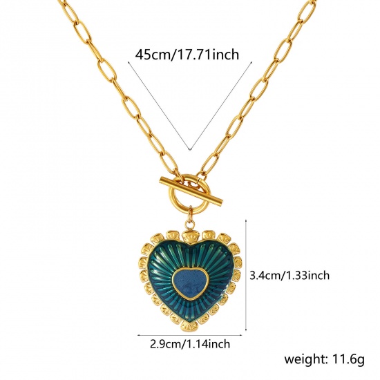 Изображение 18K настоящее золото с покрытием Цепочка зажимов Сердце Ожерелье с подвеской, 304 Нержавеющая Сталь 45см, Для женщин, Темно-зеленый С Эмалью День святого Валентина Элегантный подарок, Экологичное вакуумное PVD-покрытие Водонепроницаемый Антиоксидантный Гипоаллергенный, 1 ШТ