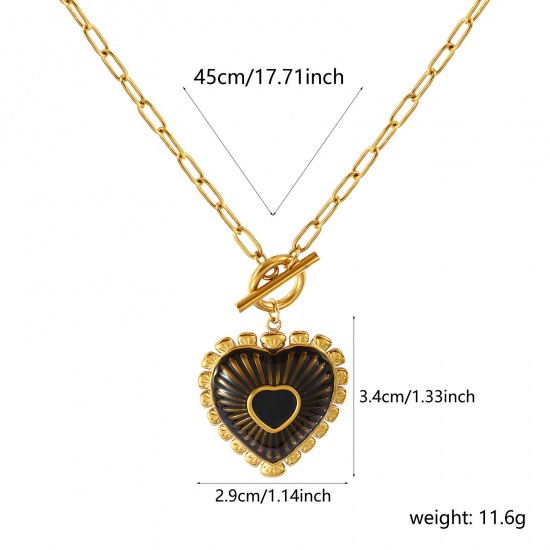 Изображение 18K настоящее золото с покрытием Цепочка зажимов Сердце Ожерелье с подвеской, 304 Нержавеющая Сталь 45см, Для женщин, Черный С Эмалью День святого Валентина Элегантный подарок, Экологичное вакуумное PVD-покрытие Водонепроницаемый Антиоксидантный Гипоаллергенный, 1 ШТ