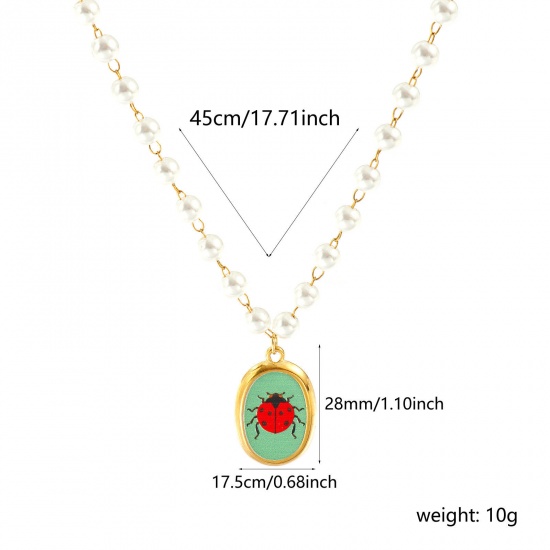 Изображение 18K настоящее золото с покрытием Цепочка из бисера Овальные Ожерелье с подвеской, 304 Нержавеющая Сталь & Акрил 45см, Для женщин, Божья коровка Разноцветный Напечатано, Насекомое Натуральная пастырская подарок, Экологичное вакуумное PVD-покрытие Водонепроницаемый Антиоксидантный Гипоаллергенный, 1 ШТ