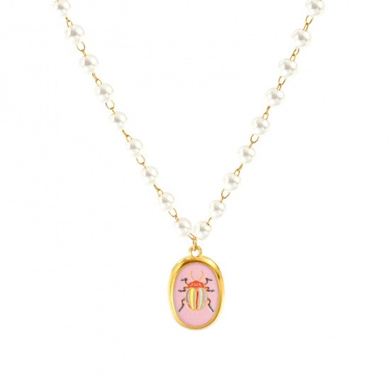 Изображение 18K настоящее золото с покрытием Цепочка из бисера Овальные Ожерелье с подвеской, 304 Нержавеющая Сталь & Акрил 45см, Для женщин, жук Напечатано, Насекомое Натуральная пастырская подарок, Экологичное вакуумное PVD-покрытие Водонепроницаемый Антиоксидантный Гипоаллергенный, 1 ШТ